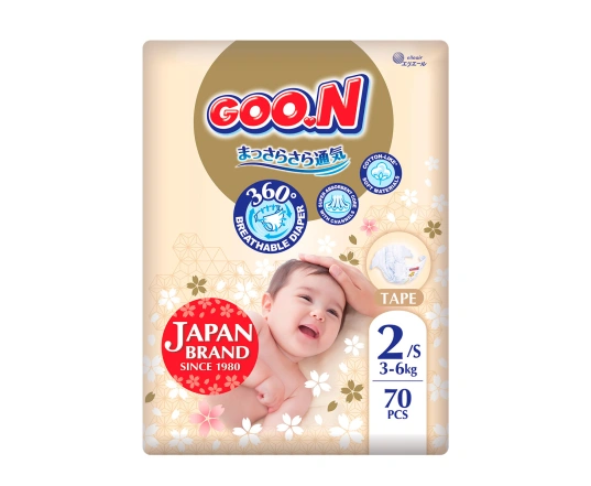 Підгузки GOO.N Premium Soft для дітей 3-6 кг (розмір 2(S), на липучках, унісекс, 70 шт)