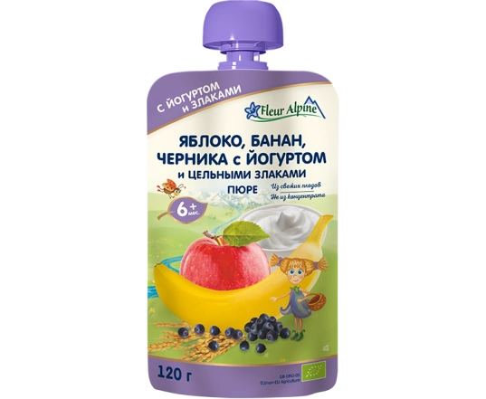 Пюре Fleur Alpine - Яблоко, банан и черника с йогуртом 120г.