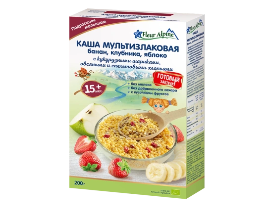 Каша Fleur Alpine Мультизлакова з бананом, полуницею та яблуком 200г.
