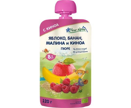 Пюре Fleur Alpine - Яблоко, банан, малина и киноа 90г.