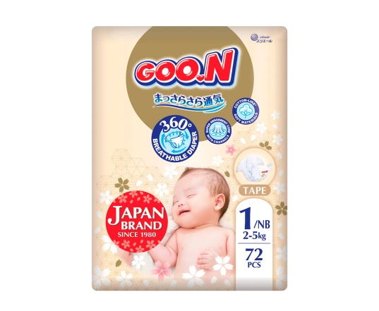 Підгузки GOO.N Premium Soft для немовлят до 5 кг (1(NB), на липучках, унісекс, 72 шт.)