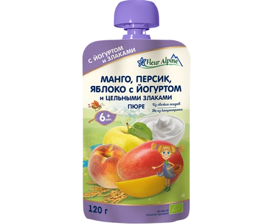 Пюре Fleur Alpine - Манго, персик и яблоко с йогуртом 120г.