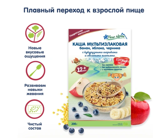 Каша Fleur Alpine Мультизлакова з бананом, яблуком та чорницею 200г.