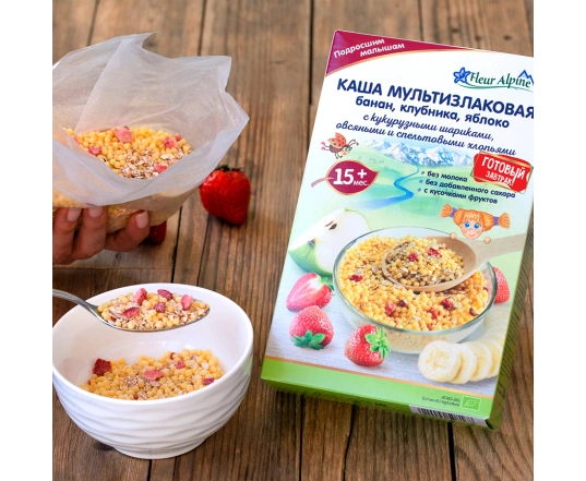 Каша Fleur Alpine Мультизлакова з бананом, полуницею та яблуком 200г.