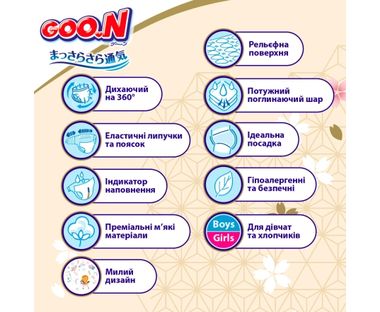 Підгузки GOO.N Premium Soft для дітей 9-14 кг (розмір 4(L), на липучках, унісекс, 52 шт.)