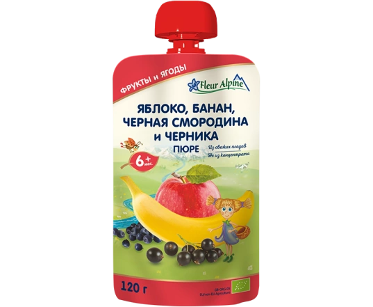 Пюре Fleur Alpine - Яблоко, банан, черная смородина и черника 120г.